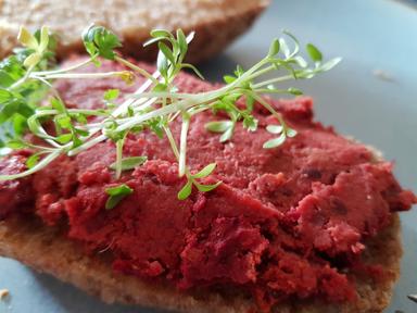 Beetroot pate served on bread with a garnish of cress.